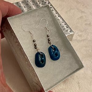 Blue Ceramic Sterling Silver Dangle Earrings